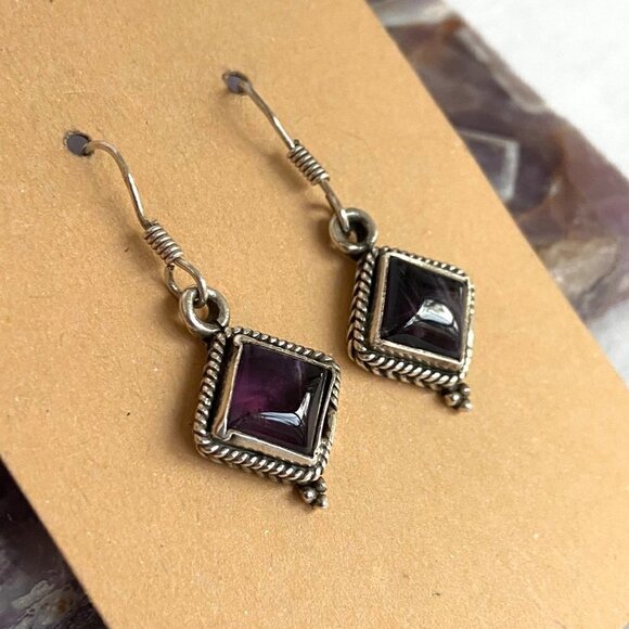 Sterling Silver 925 Bezel Set Diamond Shaped Amethyst Cabochon Dangle Earrings - Picture 4 of 16